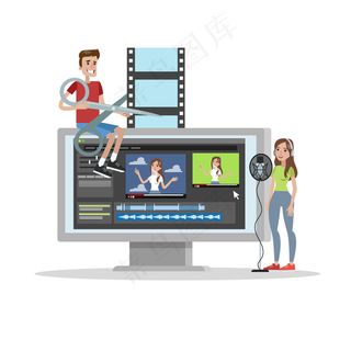 人们使用数字编辑器制作视频并录制语音
