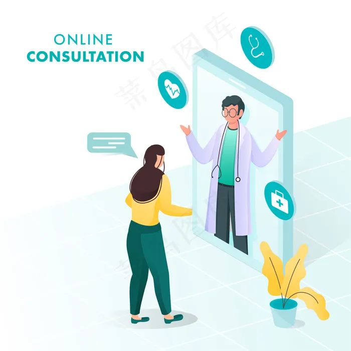 在线咨询概念的智能手机视频通话中的女性与男性医生对话的插图。