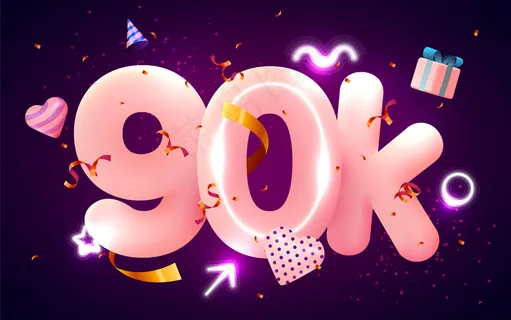 90k或90000粉丝感谢你粉色的心,金色的五彩纸屑和霓虹灯。 90k或90000粉丝感谢你粉色的心,金色的五彩纸屑和霓虹灯。