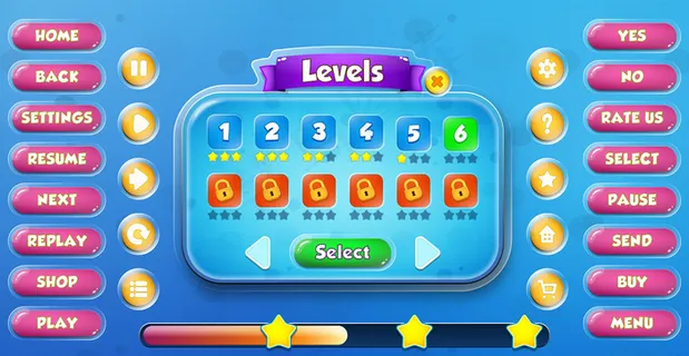 休闲卡通儿童游戏ui级选择菜单弹出按钮和加载栏