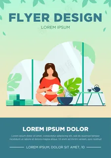 女人坐在地板上浇水。家、水、叶平面矢量图。爱好和房子花园概念