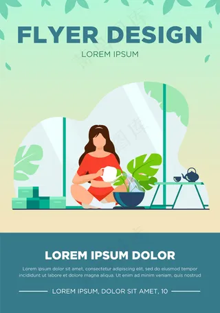 女人坐在地板上浇水。家、水、叶平面矢量图。爱好和房子花园概念