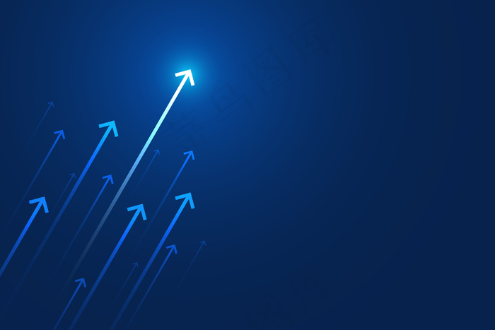 深蓝色背景上的亮箭头向上电路，带有复制空间复制插图，业务增长概念。