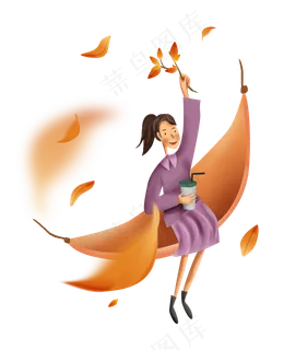 秋游吊床上的女孩和落叶