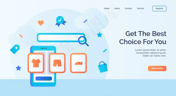 在智能手机屏幕上为您的服装图像获得最佳选择网页主页主页登录模板横幅banner卡通平面风格图标活动。