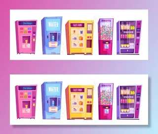 自动售货机有零食、快餐、水、冰淇淋和糖果。卡通自动售货机，用于销售食品、糖果和饮料，背景为白色