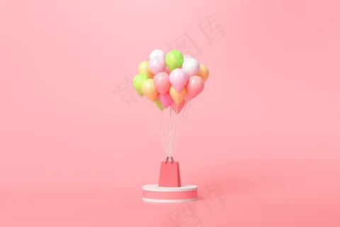 网上购物概念。气球和礼品盒，粉红色的购物袋