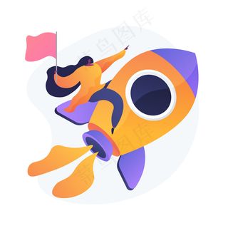 领导力和工作晋升。成功的项目，启动启动，开发。团队负责人，ceo 性格平淡。卡通女人坐在火箭上。