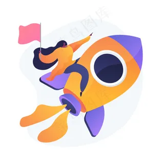 领导力和工作晋升。成功的项目，启动启动，开发。团队负责人，ceo 性格平淡。卡通女人坐在火箭上。