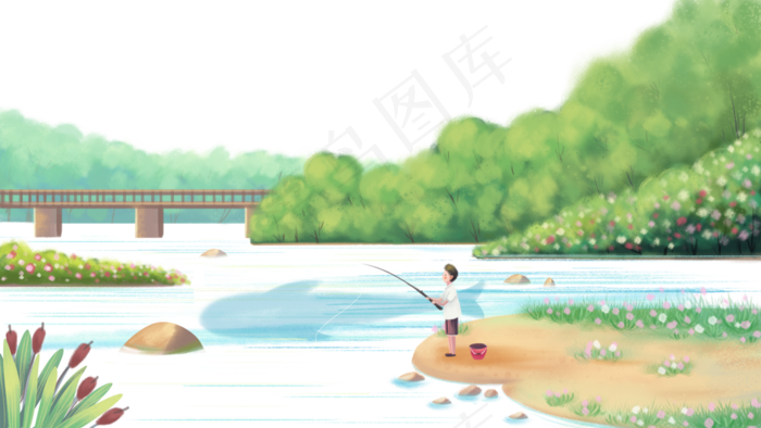 夏天主题之河边钓鱼(2880X1620(DPI:300))psd模版下载