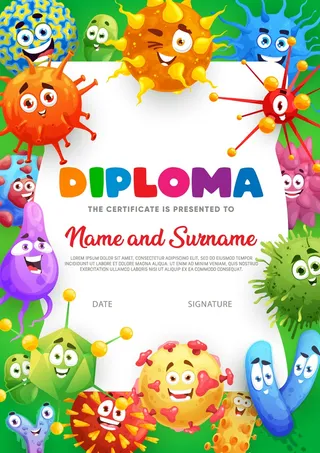 文凭证书，卡通搞笑微生物，病毒