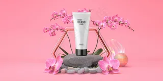 化妆模板粉红色工作室与岩石主席台和管奶油色粉彩三维渲染