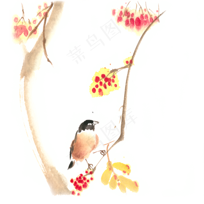 秋天的小鸟水墨画PNG免抠素材(4724X4724(DPI:300))psd模版下载