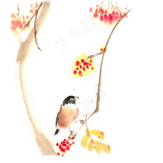 秋天的小鸟水墨画PNG免抠素材