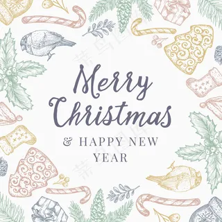 圣诞快乐和新年快乐抽象图案背景，复古印刷的请柬或贺卡。