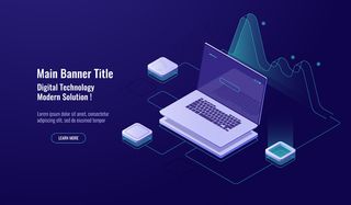 在线分析、大数据处理、带图形的笔记本电脑、数据可视化、等轴测