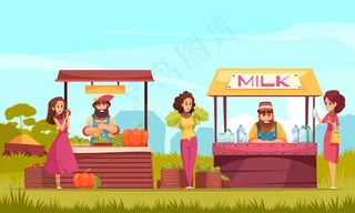 蓝天背景卡通农贸市场柜台上的人物和园艺产品