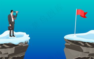 商人拿着公文包在望远镜里寻找机会。商人仰望山上的目标