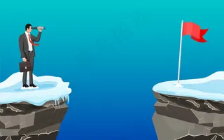 商人拿着公文包在望远镜里寻找机会。商人仰望山上的目标