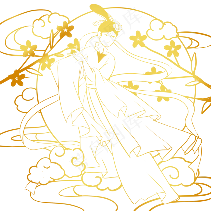 金色线描奔月嫦娥(2000X2000(DPI:300))psd模版下载