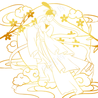 金色线描奔月嫦娥