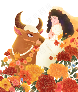 重彩中国风花丛少女牛年玫瑰