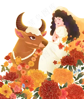 重彩中国风花丛少女牛年玫瑰