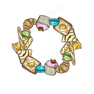 立秋手绘牛角包面包甜品环形边框