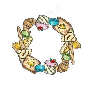 立秋手绘牛角包面包甜品环形边框