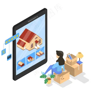 女性角色坐在盒子上，看着平板电脑屏幕上的房子。拜因新家在线。房地产和网上购物概念。等轴测图