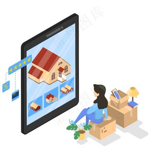 女性角色坐在盒子上，看着平板电脑屏幕上的房子。拜因新家在线。房地产和网上购物概念。等轴测图