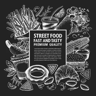 手绘街头美食菜单模板。黑板上的矢量快餐插图。老式垃圾食品