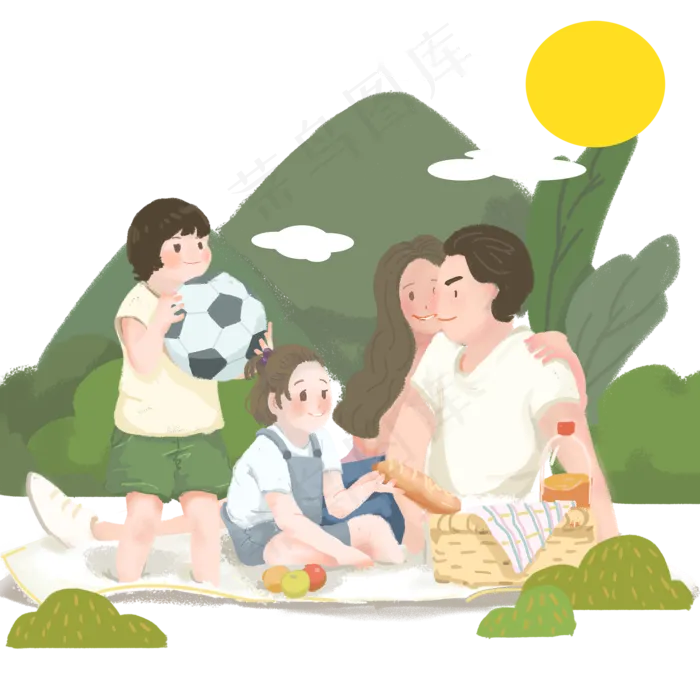 秋日自然四口之家郊游野餐PNG图(2000X2000(DPI:300))psd模版下载