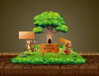 世界野生动物日，猴子和海狸手持木制标志