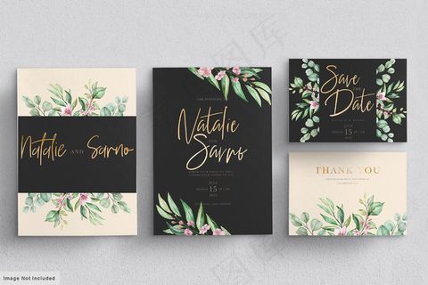 鲜花婚礼请柬模板集粉红玫瑰花和叶子