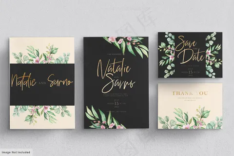 鲜花婚礼请柬模板集粉红玫瑰花和叶子