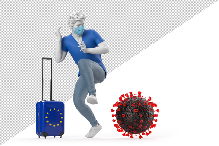 被病毒分子流行概念吓到的带有欧盟国旗纹理的手提箱的游客