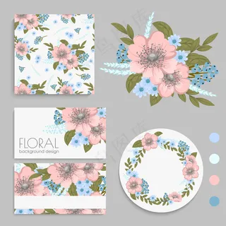 一套有花、叶子的卡片。婚礼装饰品。