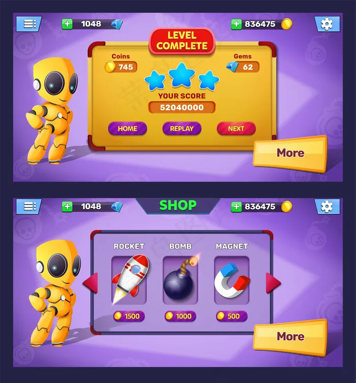 幻想游戏水平完成和商店菜单弹出屏幕eps,ai矢量模版下载
