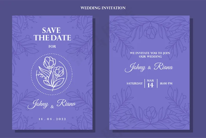 复古蓝色手绘花卉婚礼请柬背景eps,ai矢量模版下载