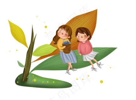 秋游手绘植物和女孩 秋游手绘植物和女孩