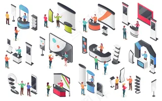 世博中心、产品展台、游客和咨询人员，等距图。展览和宣传展览公司演示台和展示架或咨询台