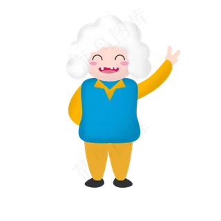 卡通比剪刀手拍照的老奶奶