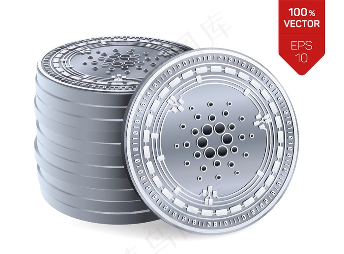 一堆白色背景上有卡达诺符号的银币。