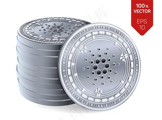 一堆白色背景上有卡达诺符号的银币。