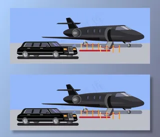 机场豪华轿车和私人飞机，红地毯平面设计