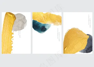 抽象背景与日本波浪图案和图标。黄金元素与水彩画纹理模板在亚洲风格。