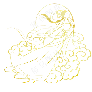 金色线描中秋奔月嫦娥