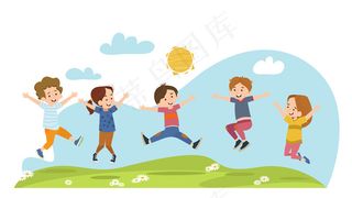 快乐的孩子们在夏日的草地上跳跃