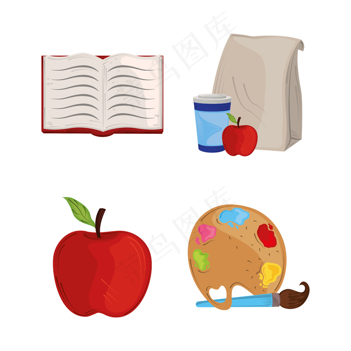 回到学校，设置图标书午餐和艺术调色板彩笔教育插图